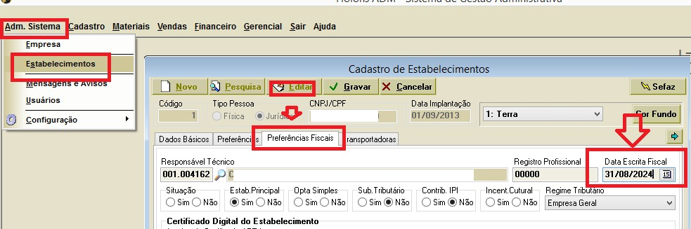 Exemplo de configuração da Data Escrita Fiscal